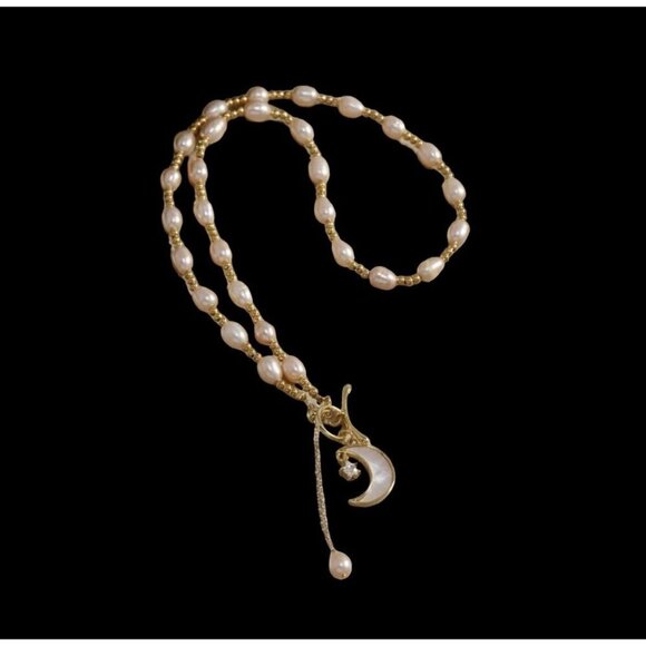 Cultured Pearl Moon Star Charm Necklace OT Buckle White Chain Real Natural - Picture 5 of 10